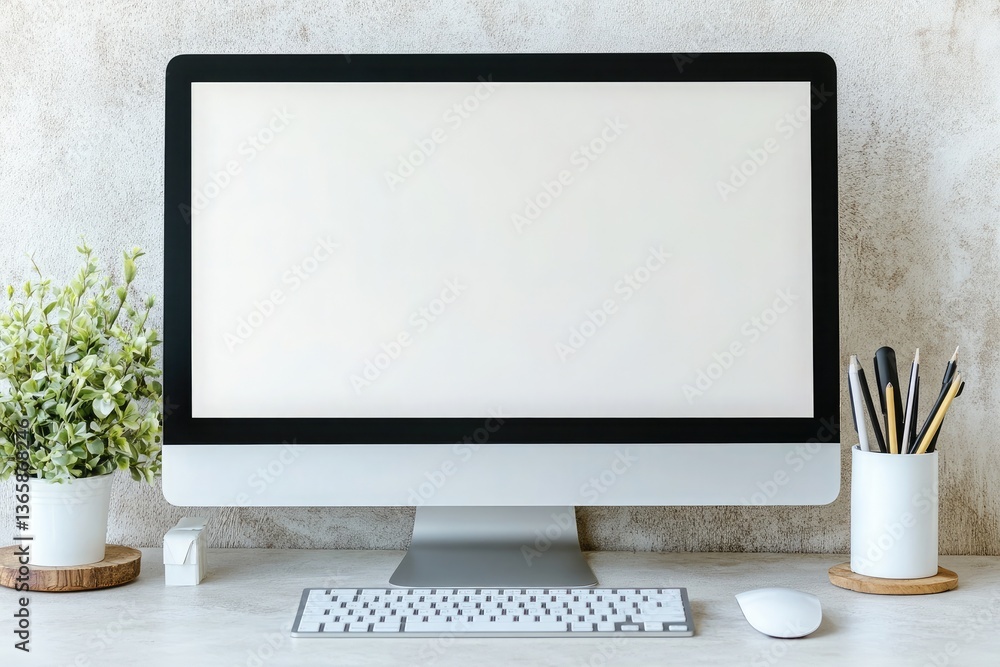 Fototapeta premium Modern Computer Mockup with White Screen, Keyboard, Mouse, and Potted Plant Decor