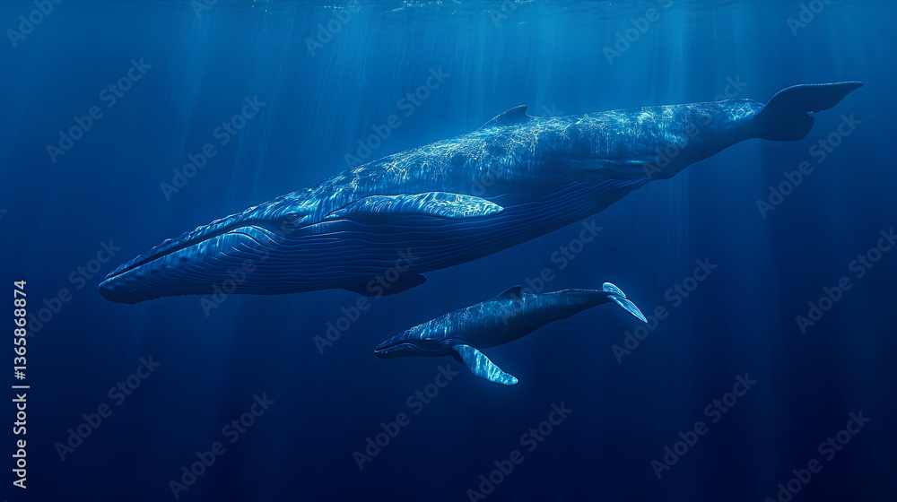 Fototapeta premium A mother humpback whale and her calf swimming in the deep blue ocean,