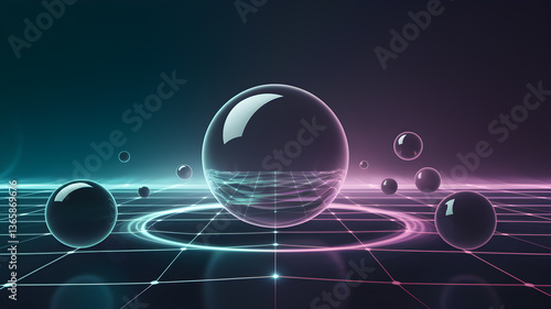 Wallpaper Mural Abstract composition of transparent spheres on a glowing grid, showcasing a futuristic digital landscape Torontodigital.ca