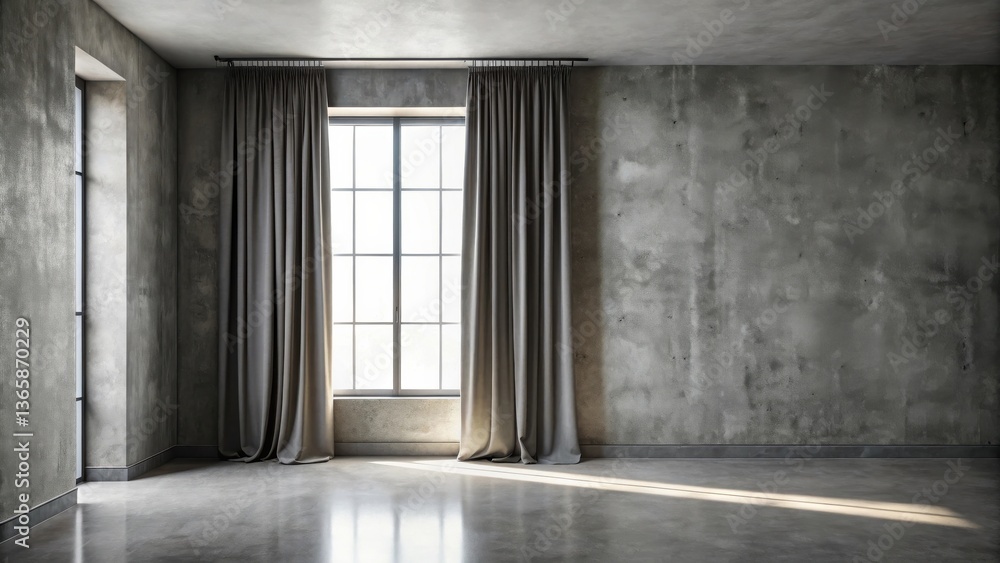Obraz premium Modern industrial interior design featuring a large window with grey curtains and exposed concrete walls