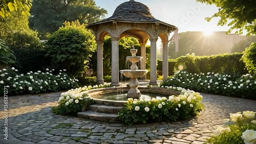 Serene garden sanctuary: A fountain beneath an elegant gazebo and lush greenery