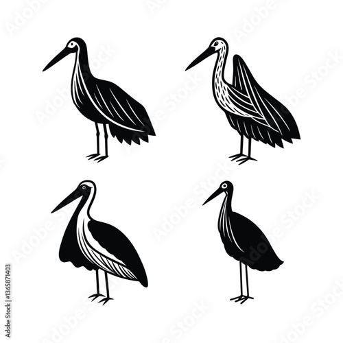 Set of veil stork bird vector.