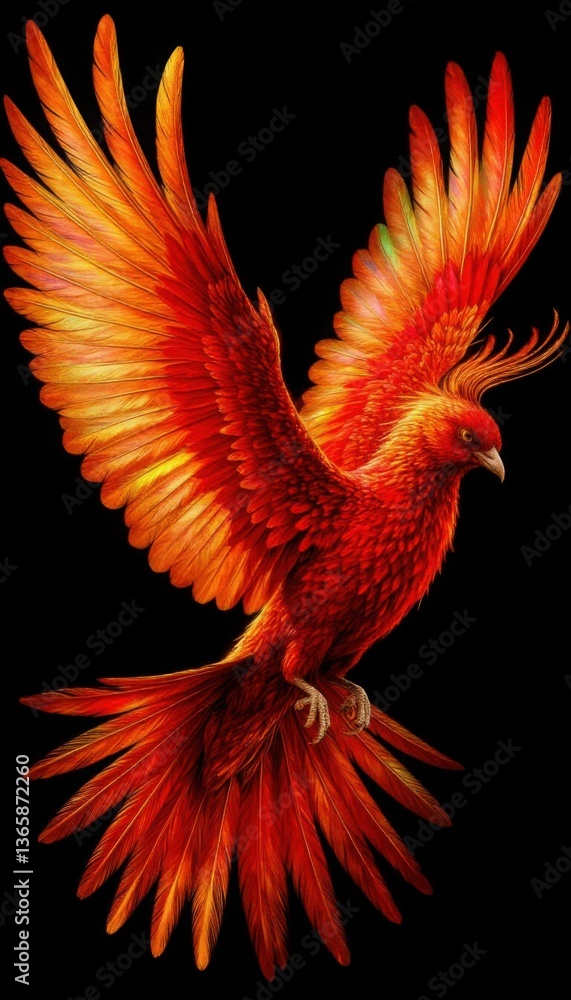 Obraz premium Firebird revealing its golden-red wings on a dark background (mythical art). Generated AI