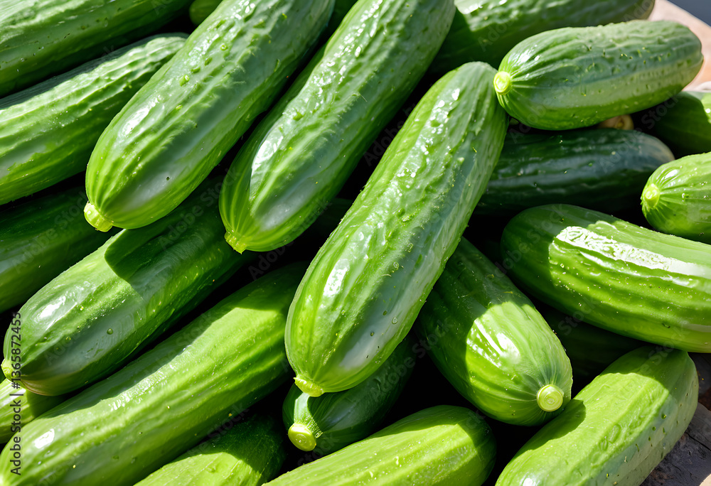 A pile of smooth, light green cucumbers stacked high, reflecting the sunlight. A pile of smooth, light green cucumbers stacked high, reflecting the sunlight.