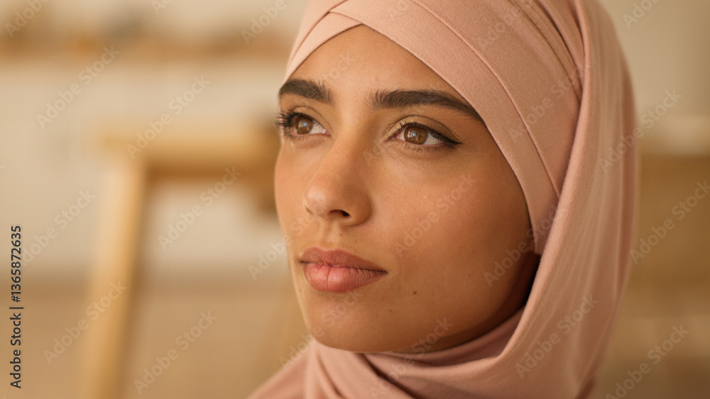 Close up serious pensive thinking solution contemplate dreaming religion eastern portrait female face Islamic woman Muslim girl ethnic Islam Arabian lady wearing pink hijab looking away think indoors Close up serious pensive thinking solution contemplate dreaming religion eastern portrait female face Islamic woman Muslim girl ethnic Islam Arabian lady wearing pink hijab looking away think indoors