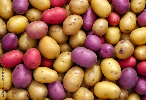A colorful assortment of small, tender potatoes in reds, yellows, and purples.