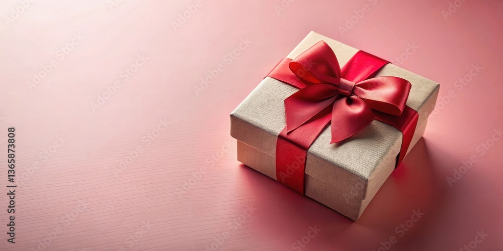 Obraz premium A beige gift box adorned with a vibrant crimson ribbon bow, resting on a soft pink surface.