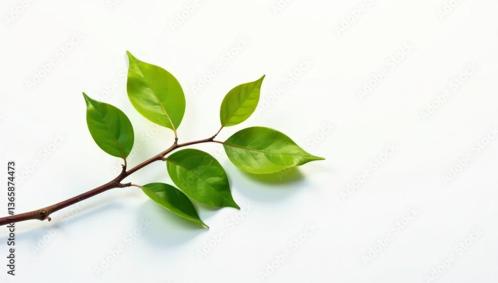 Fototapeta premium Single branch with leaves and twigs on a white background with subtle reflections, wood, photography, branch