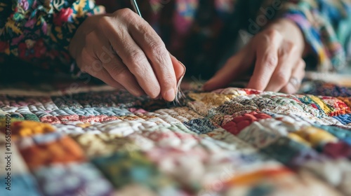 Persons hands using a tool to work on a quilt