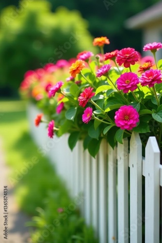 Bright colored flowers spilling over white picket fence , vibrant, day, fresh
