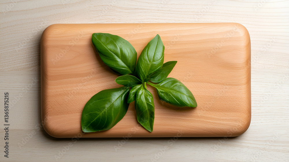 Fresh Green Basil Leaves on Wooden Board Fresh Green Basil Leaves on Wooden Board