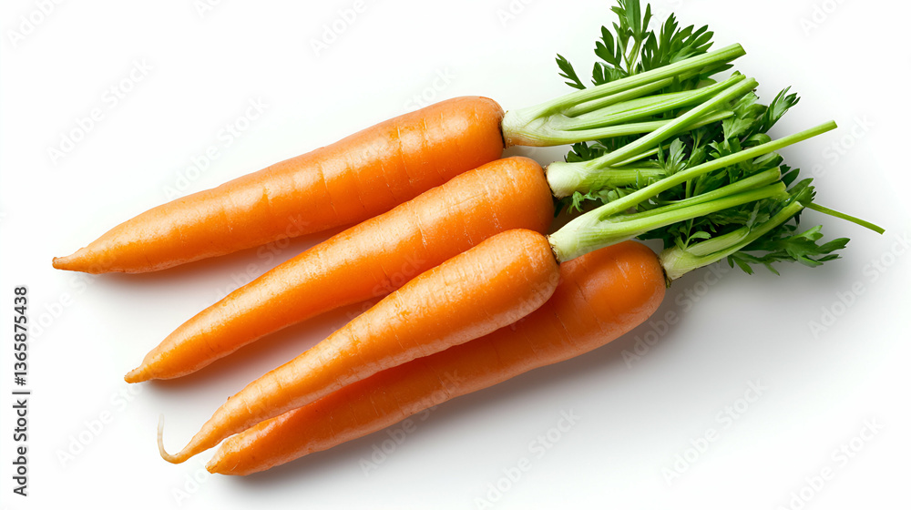 Fresh Orange Carrots with Green Tops on White Background Fresh Orange Carrots with Green Tops on White Background