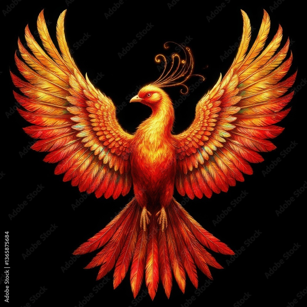Fototapeta premium Firebird revealing its golden-red wings on a dark background (mythical art). Generated AI