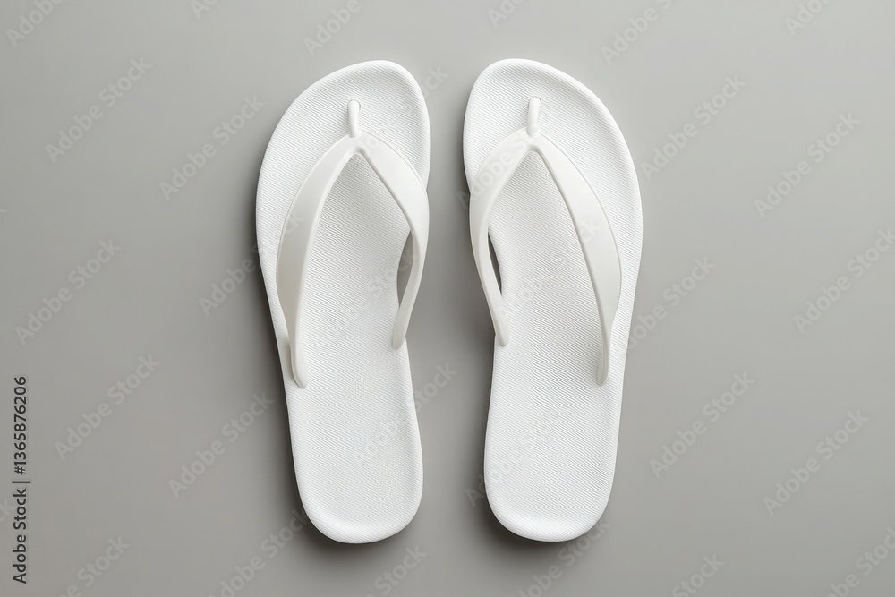 Pair of White Rubber Flip Flops on Gray Seamless Background Flat Lay Pair of White Rubber Flip Flops on Gray Seamless Background Flat Lay