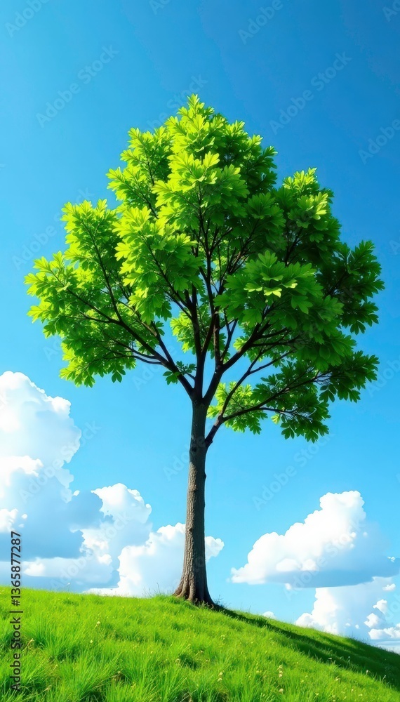 Fototapeta premium Single tree against a clear blue sky with clouds, airy, open