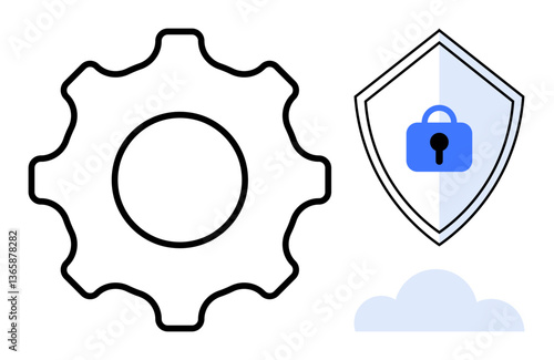Gear icon, security shield with padlock, and cloud. Ideal for technology, cybersecurity, cloud computing, data protection, IT infrastructure system security and network management themes. Abstract