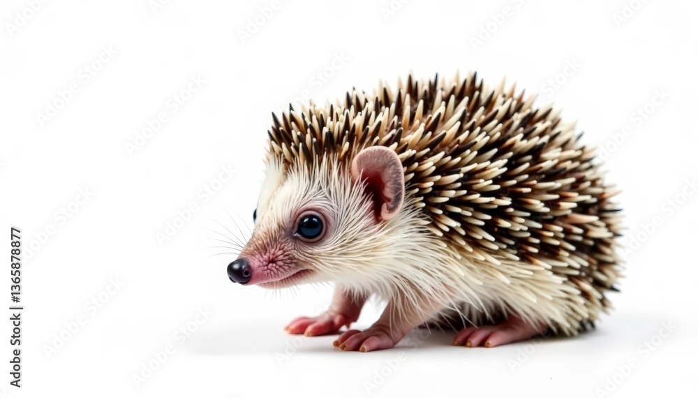 Fototapeta premium Small hedgehog isolated on pure white background, curled in a ball , quill, defensive