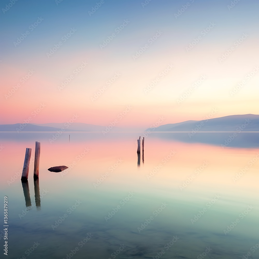 Fototapeta premium Serene Sunset Over Calm Lake With Wooden Posts