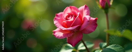 Tightly furled pink rosebud, velvety petals, sunlight dappled leaves, outdoor, bloom
