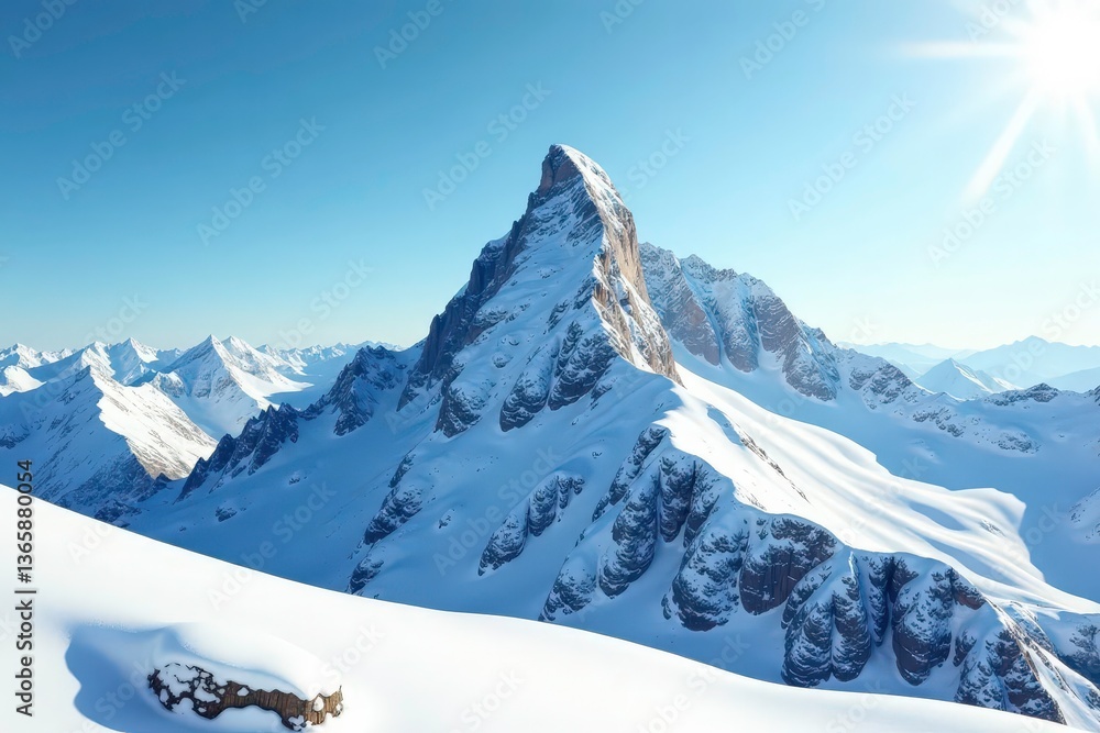 Fototapeta premium Snow-covered mountain peak, stark white, sunlit texture , alpine, majestic