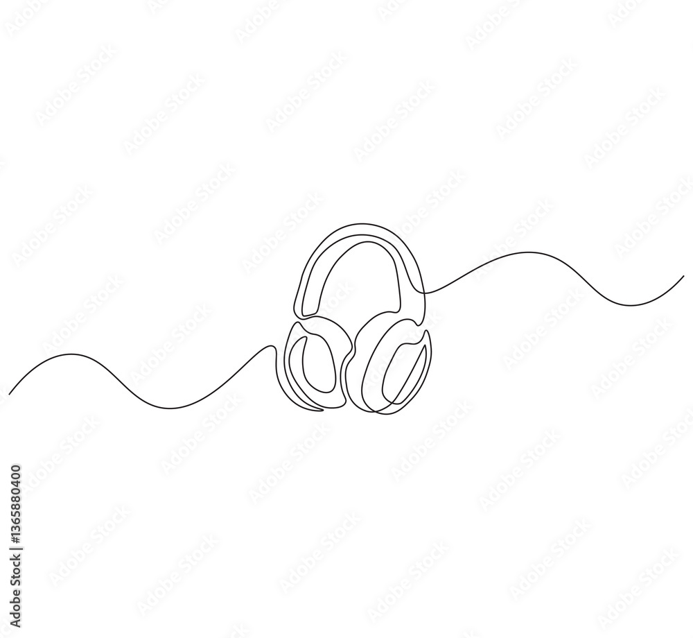 Obraz premium Headsets outline drawing illustration. Continuous line draw wireless headphones vector.