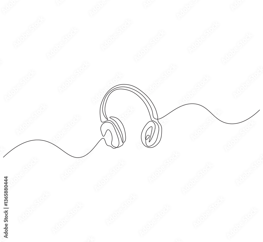 Obraz premium Headsets outline drawing illustration. Continuous line draw wireless headphones vector.