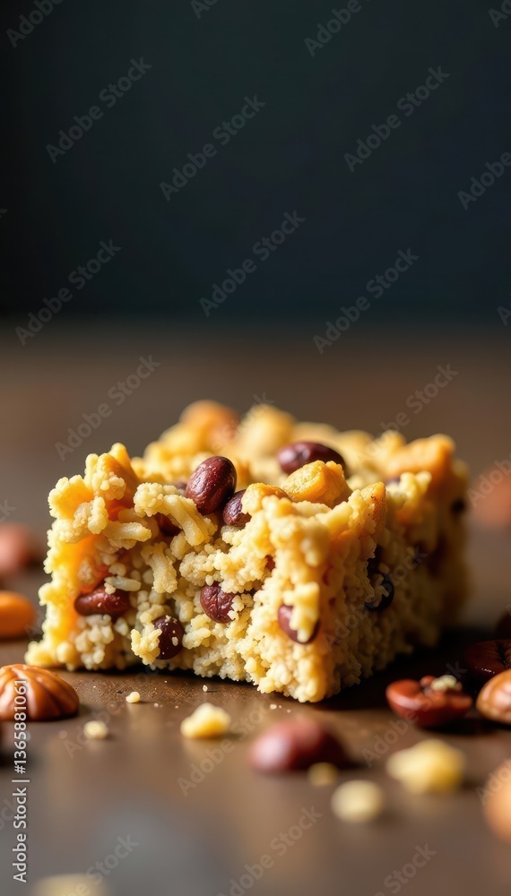 Half-broken protein granola bar, revealing layers of nuts, seeds, and chewy texture , food photography, crunchy, nuts Half-broken protein granola bar, revealing layers of nuts, seeds, and chewy texture , food photography, crunchy, nuts