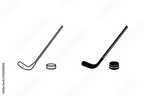 Photography Ice Hockey Stick and Puck Icons Line and Solid Styles