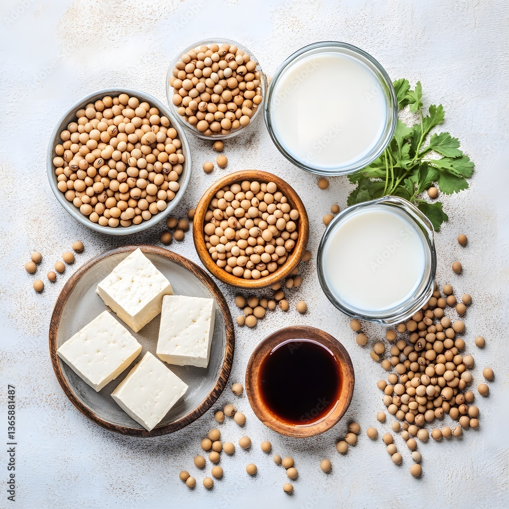 Soy Products Flatlay, Tofu, Soy Milk, Soybeans, and Soy Sauce Soy Products Flatlay, Tofu, Soy Milk, Soybeans, and Soy Sauce