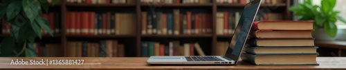 Open laptop next to a high stack of books, library bokeh , modern, e-learning, blur