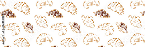 French croissant seamless pattern, hand drawn sketch. Fresh pastry, for menu, cafe, bakery, logo, packaging. Vector sweet food background. Tasty dessert for breakfast.