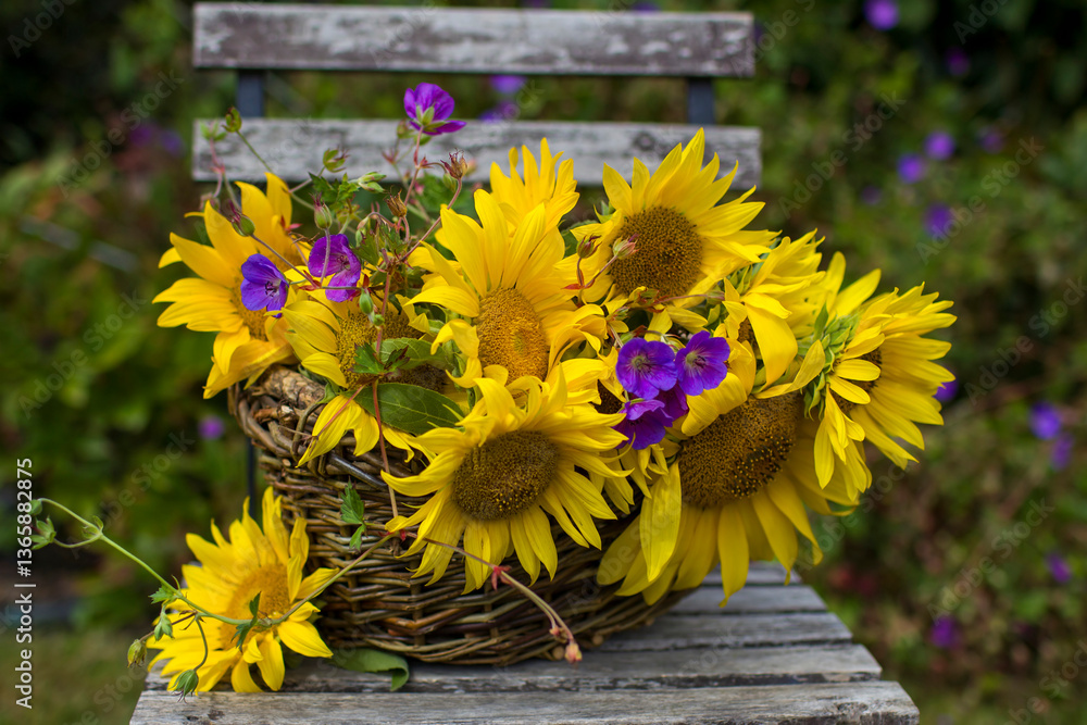 flowers - sunflowers and geranium in a basket on chair in the garden