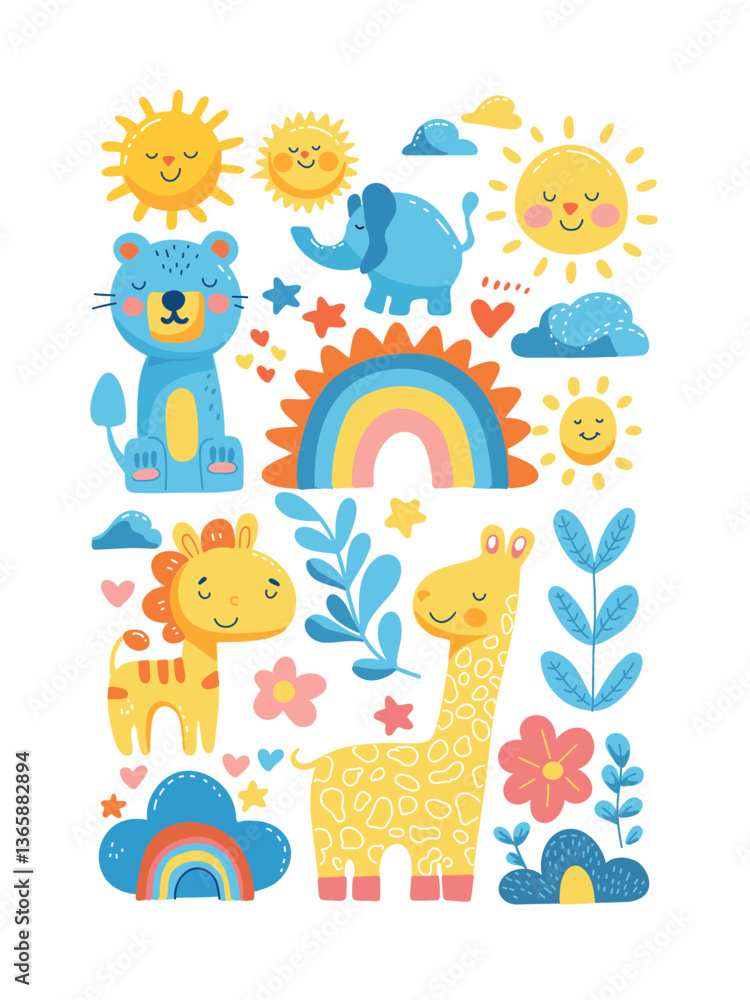 Obraz premium cute animal and rainbow illustration with sunshine and plants