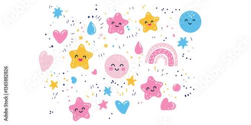 magical cartoon elements with stars, moon, clouds and sparkle
