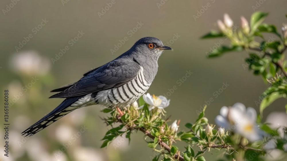 Great spotted cuckoo perched gracefully on a branch adorned with white flowers and vibrant green leaves, basking in the warm sunlight of its natural habitat Great spotted cuckoo perched gracefully on a branch adorned with white flowers and vibrant green leaves, basking in the warm sunlight of its natural habitat