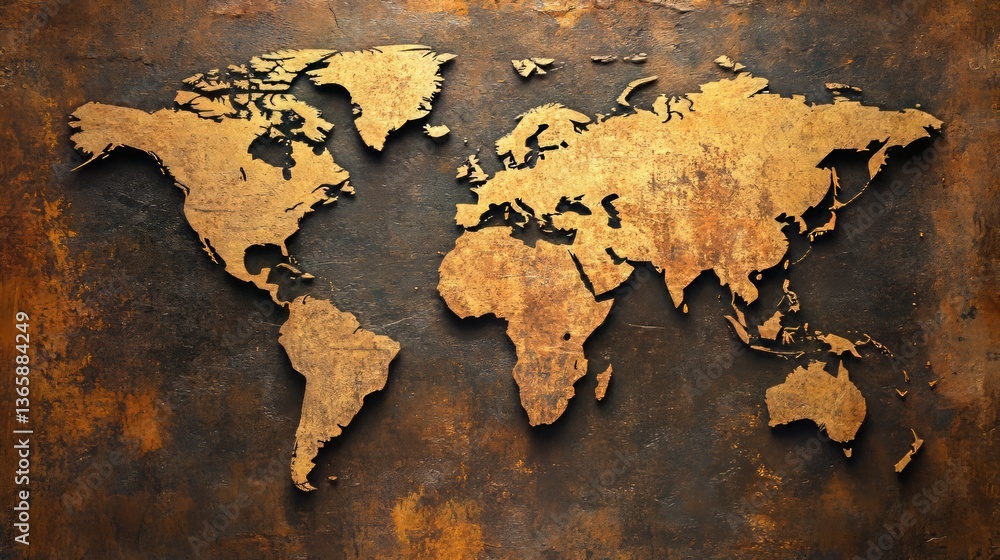 Aged world map on rustic background with vintage earth tones and textured surface