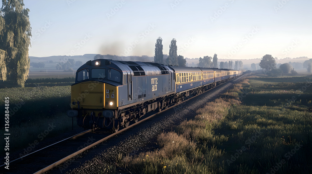 Fototapeta premium Diesel Train On Railway Tracks Through Lush Green Field Under Sunny Sky During Daytime