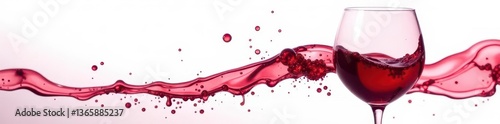 Crimson wine streams into a clear glass, white backdrop , refreshment, crystal, vine