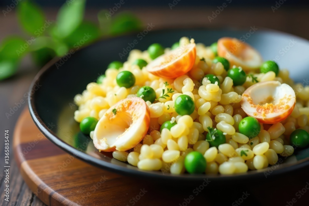 Elegant shellfish risotto with peas, stylish bowl, cheese topping, food photography, bowl Elegant shellfish risotto with peas, stylish bowl, cheese topping, food photography, bowl