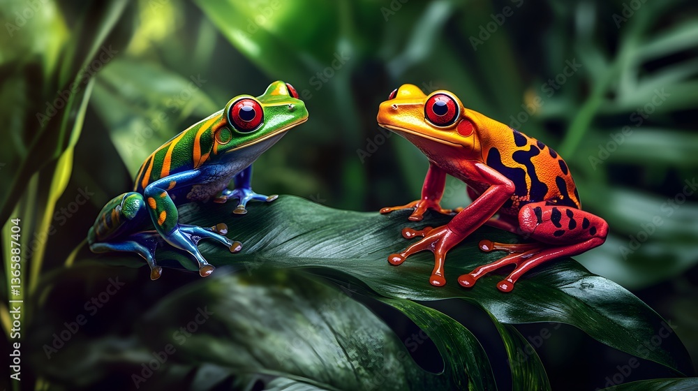 Naklejka premium A lush rainforest with brightly colored frogs sitting on leaves