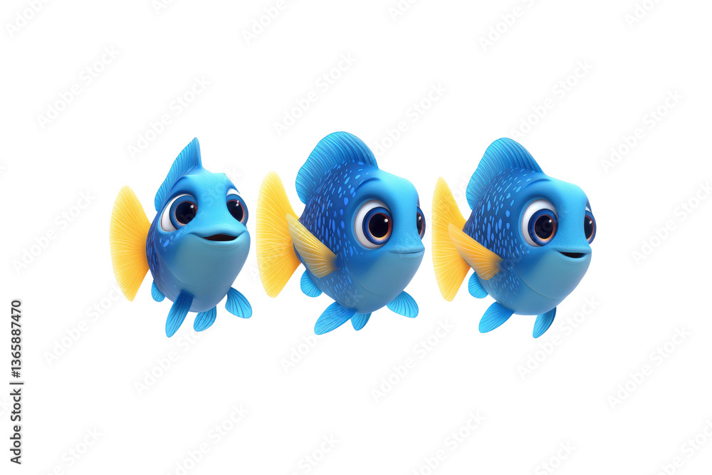 Three Adorable Cartoon Fish Swimming Together - 3D Render Three Adorable Cartoon Fish Swimming Together - 3D Render