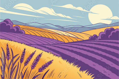 58 Idyllic countryside landscape, rolling green hills, golden wheat fields, quaint farmhouses, wooden fences, fluffy white clouds, blue sky, pastoral scenery, lush meadows, distant mountains, tranquil