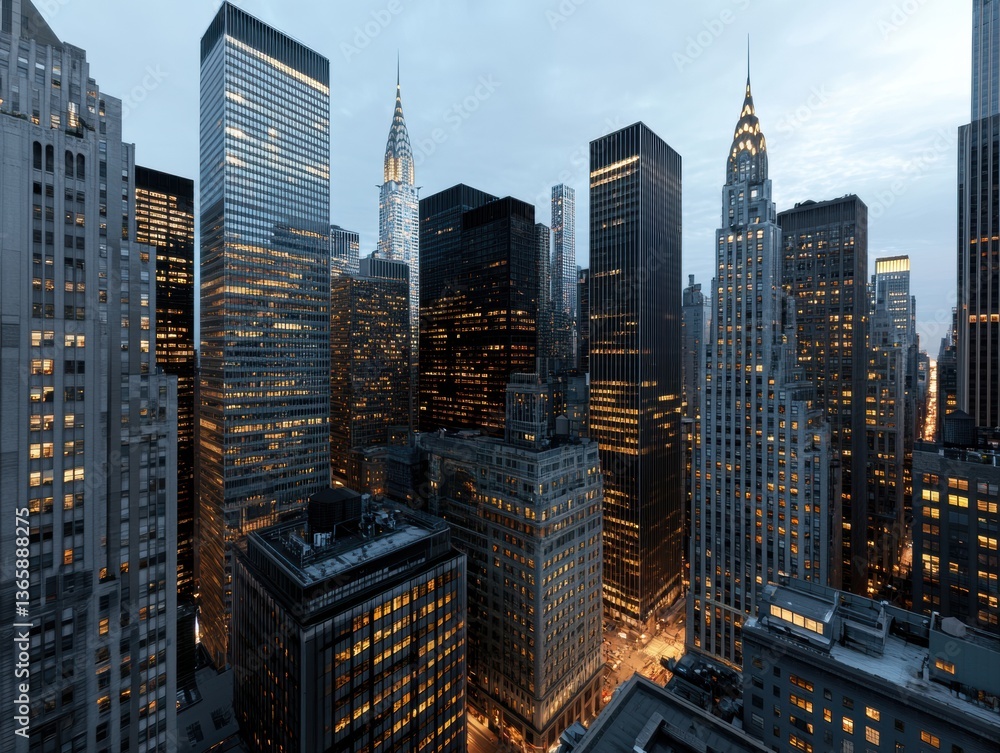 Fototapeta premium Illuminated financial trading graphs reflect vibrant market activity above a bustling city skyline at dusk