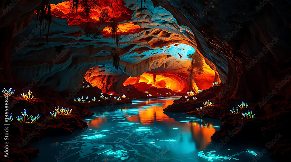 Fototapeta premium A glowing underground river winds through a vast cavern, illuminated by bioluminescent plants and crystals. The tranquil scene feels like a hidden wonder beneath the earth. Created with generative AI