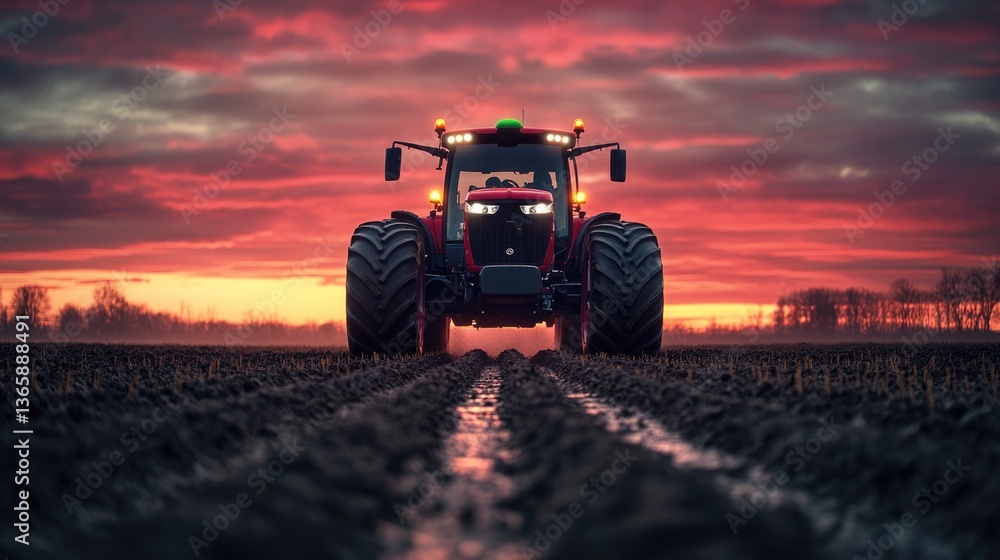 Obraz premium A large autonomous tractor with AI navigation plowing a lush rice field at sunrise