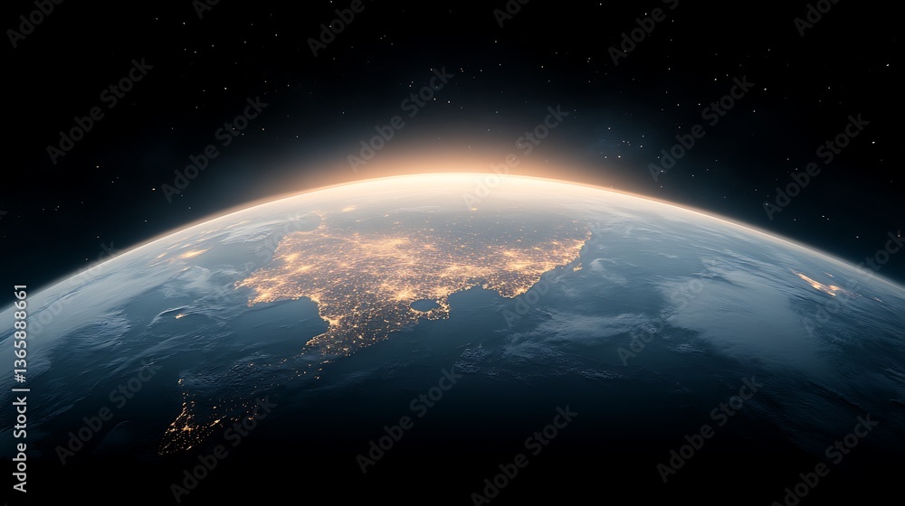 Obraz premium Sunrise Over Earth for City Lights, Space View.
