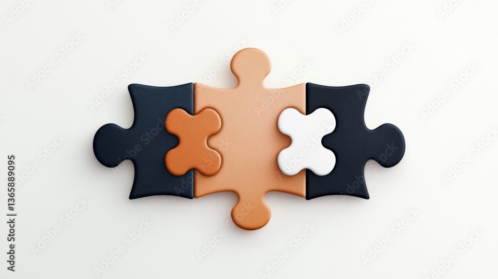 Obraz premium Colorful puzzle pieces interlocked on a white background, symbolizing teamwork and problem-solving.