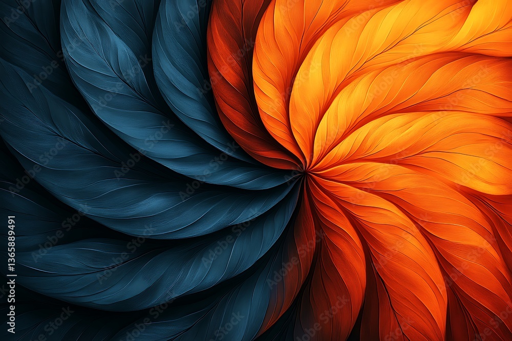 Swirling arrangement featuring blue and orange leaf like petals Swirling arrangement featuring blue and orange leaf like petals