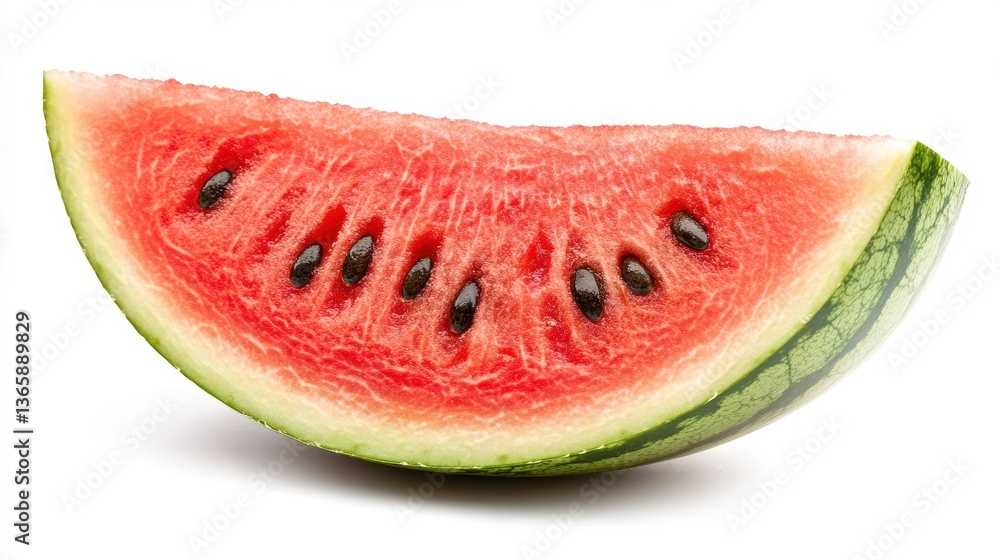 A fresh, juicy watermelon slice with seeds, isolated on a white background A fresh, juicy watermelon slice with seeds, isolated on a white background