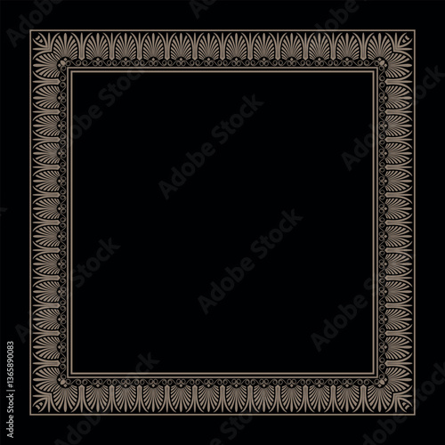 Golden Square Frame in Ancient Greek Style. Art of Ancient Rome, Ancient Greece. Frame Using Stylized Elements Resembling a Fan or Palm Leaves - Palmettes, Spiral Curls (Volutes).